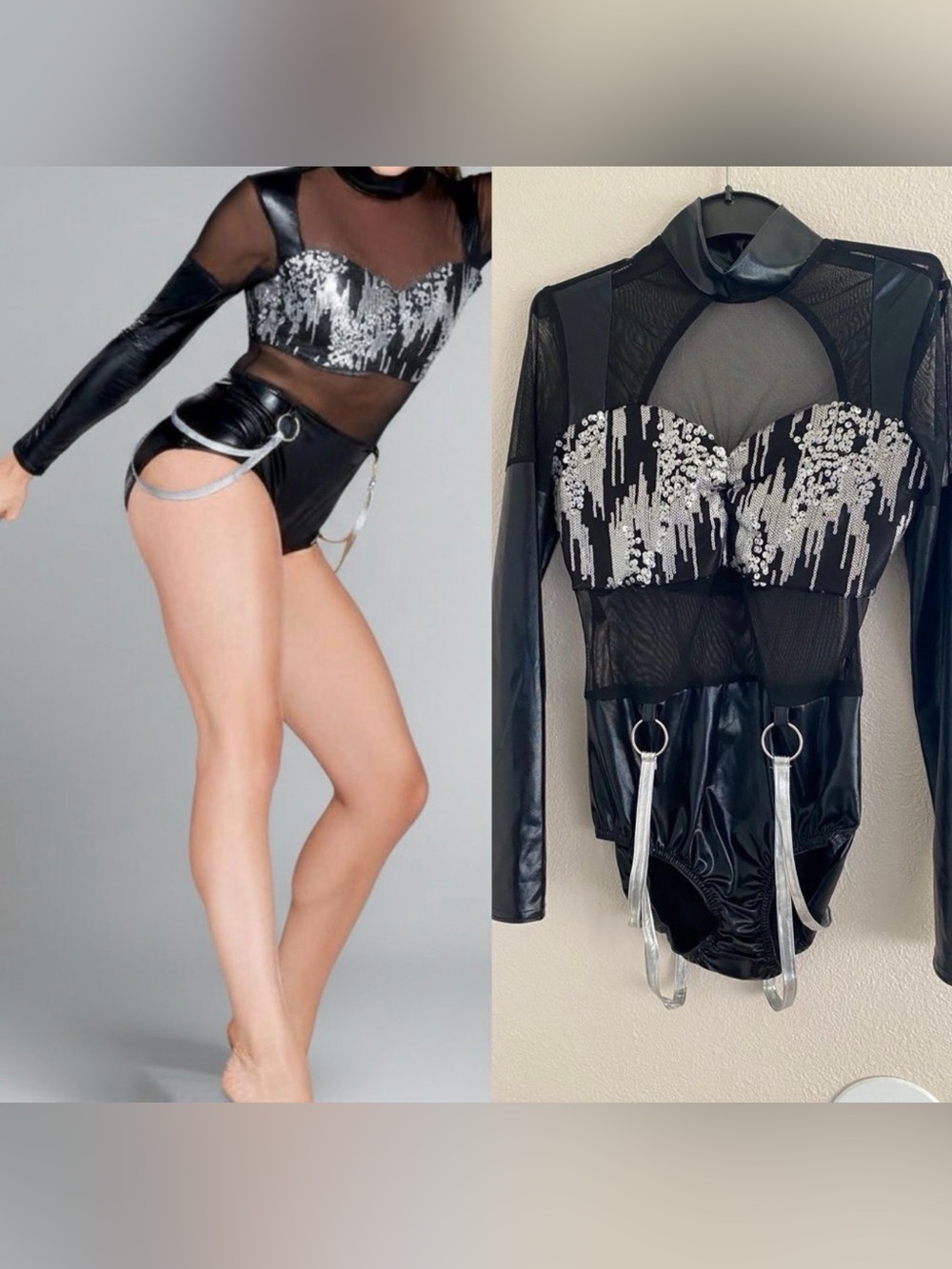 Kelle dance mature leather costume leotard silver sequin JAGGED SPIRIT 5172 MC